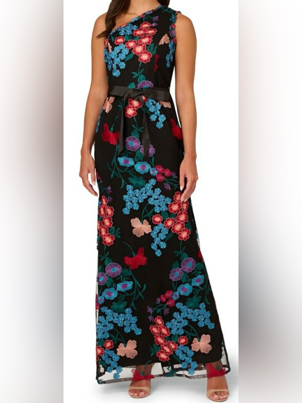 Adrianna Papell Black Fabric one Shoulder Floral Formal Dress size 8 NWT